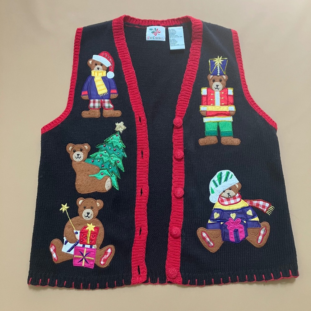 Nutcracker Christmas Teddy Bear‎ Vest Black Knit Holiday Sweater Vest Small Ugly